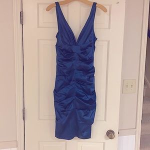 Beautiful ruched navy satin midcalf length dress